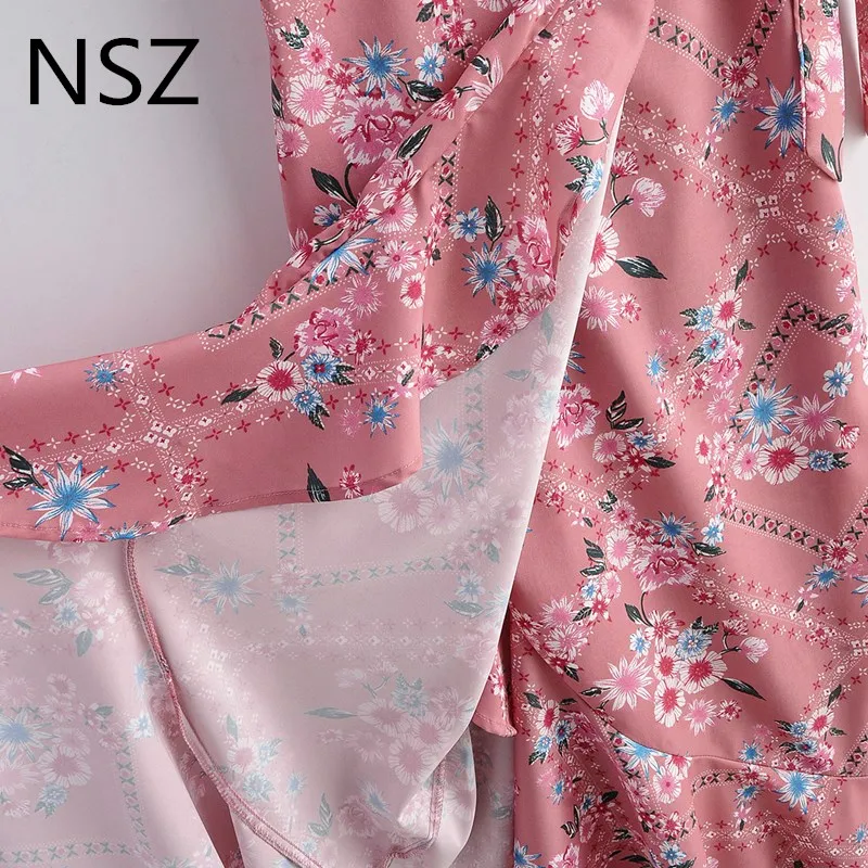 NSZ женское платье с цветочным принтом, с запахом, с перекрестным v-образным вырезом, с оборками, Асимметричные Длинные платья, с коротким рукавом, с бантом, с поясом, летние платья