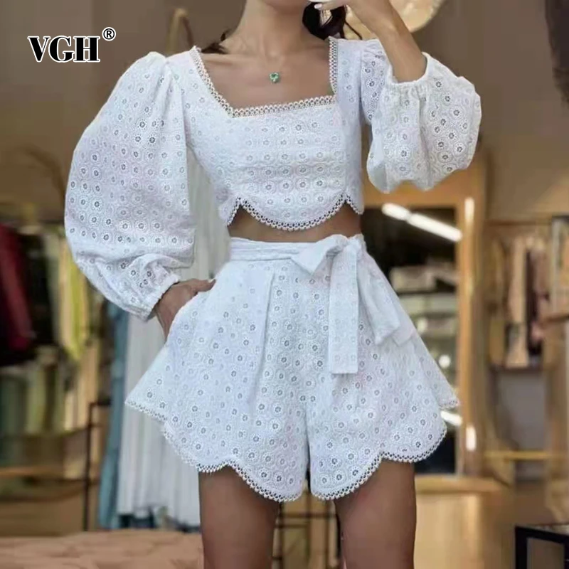 VGH White Casual Shorts Sets Female Square Collar Puff Long Sleeve Short Top High Waist Lace Up Short Loose Women's Suits Summer skirt and top co ord