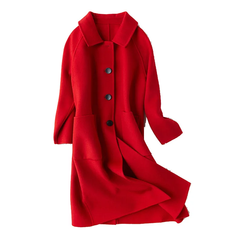 Женское шерстяное пальто зимнее свободное женское ветровка длинная куртка классическое двустороннее милое горячее кашемировое красное пальто