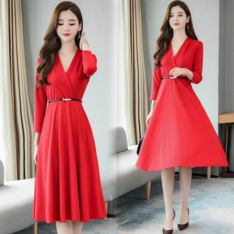 

HAYBLST Brand Long Dress Women 2019 Autumn Plus Size 2XL Red Slim Clothing Elegant Korean Style Fashion Long Sleeve Lady Dresses
