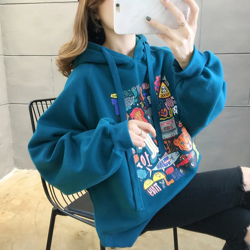 

Spring High Street Knit Hooded Letter Lady Fleece Pullovers Ins Style Add Velvet Thick Woman Hoodies Autumn Winter Clothes 59J