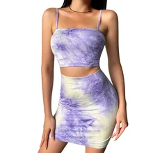 Cropped Tops Tie Dye Set 2 Piece Women Costumes Summer Short Skirt Korean Fashion Lounge Wear Matching Clothes
