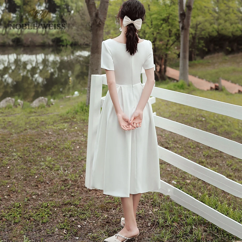 Prom Dress A-Line Short Prom Dress  Cocktail Dresses  Satin  Tea-Length  Sexy Prom Dress with Short Sleeves