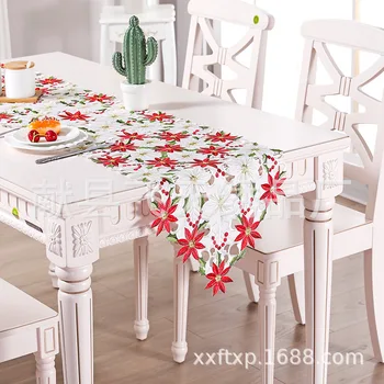 

Christmas Embroidered Table Runners,Luxury Poinsettia Holly Leaf Table Linens for Christmas Decorations
