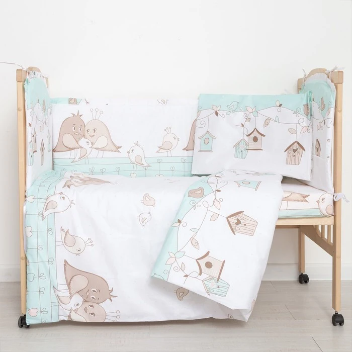 Комплект в кроватку (6 предметов) &quotЛюбящие птенчики&quot цвет мята бязь хл100% 4351753 |