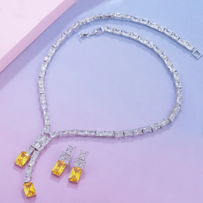 QooLady Temperament Square Cut Yellow Cubic Zirconia Stone Long Necklace Pendant and Earring for Bridal Wedding Jewelry Set Z035