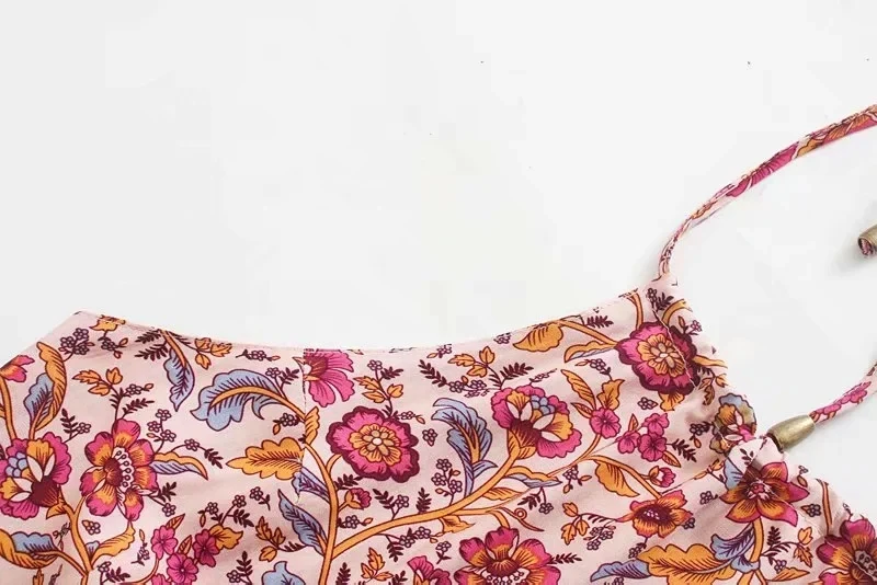TEELYNN Halter pink Floral print Summer Dresses boho beach Sexy sleeveless backless Mini Dress Women cover up Casual Vestidos