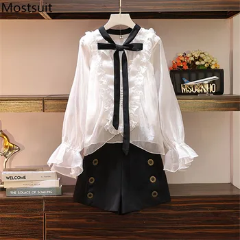 

2020 Spring Office 3 Piece Shorts Sets Outfits Women Bow Shirt + Vest + Shorts Suits Korean Workwear Vintage Fashion 3 Pcs Sets