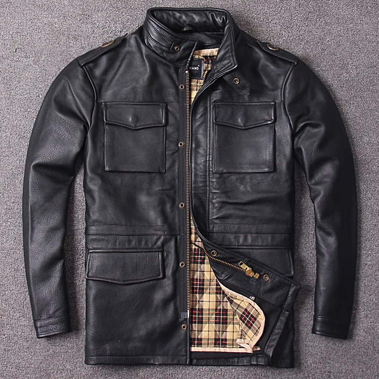 Натуральная кожа черная длинная M65 мужская длинная куртка настоящая Толстая воловья кожа размера плюс 6XL русская зимняя теплая кожаная куртка - Цвет: Черный