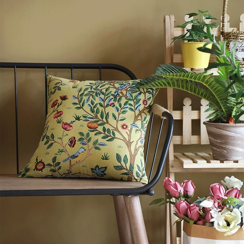 

DUNXDECO Cushion Cover Decorative Pillow Case Vintage Country Style Birds Flora Print Linen Cotton Coussin Garden Decorating