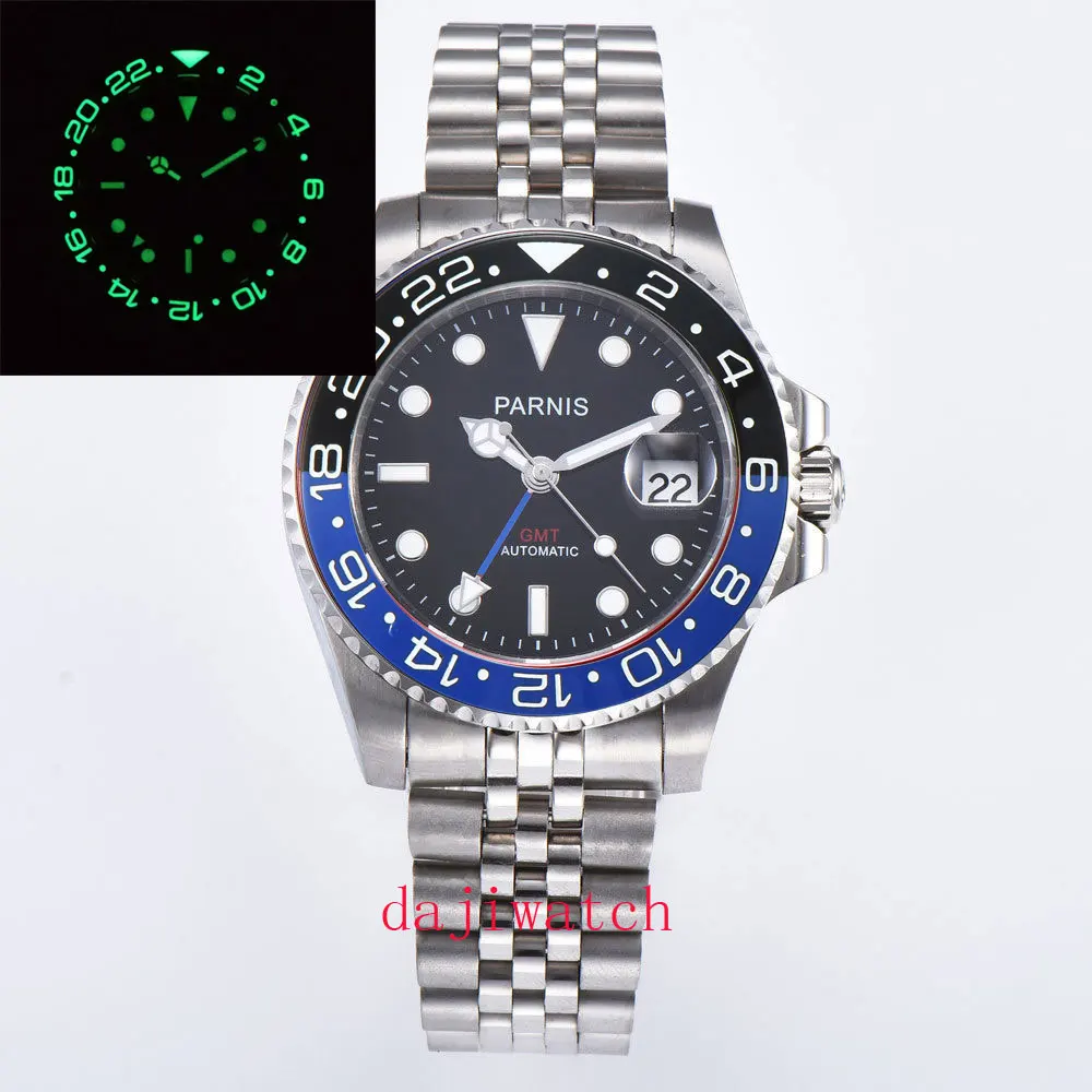 Ceny Parnis40mm szafirowy kryształ super jasne świecące ceramiczna ramka GMT automat data dorywczo męski zegarek sportowy czarny niebieski ramka