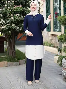 

WEPBEL Muslim Two-Piece Suit Women's O-Neck Long Sleeve Long Top + Solid Color Straight Pants Suit Arab Dubai