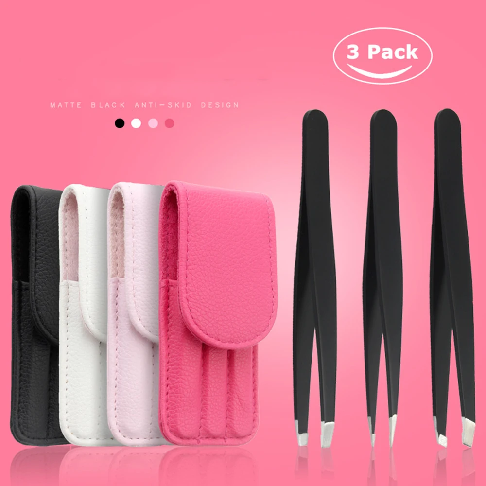 Pink 3.74 inch long 3Pcs Stainless Steel Tweezer Set Flat Tip/Point Tip/Slant Tip Eyebrow Facial Hair Removal 