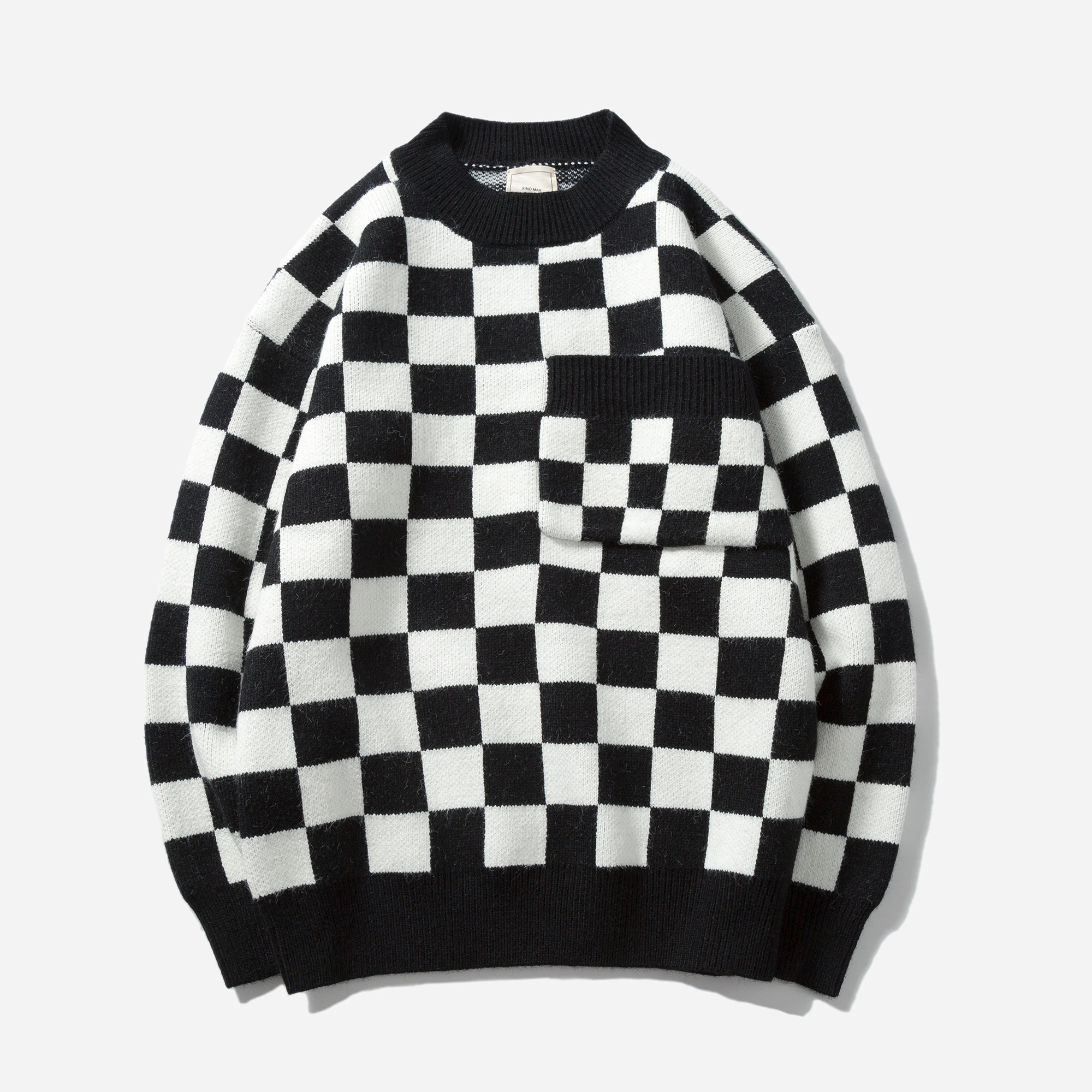 

Checkered Crewneck Long Sleeve Autumn Winter Men Sweater Hip Hop Streetwear