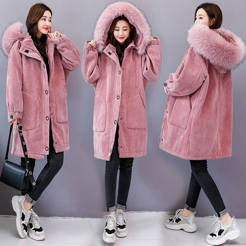 

Hooded Cotton-padded Clothes Women's 2018 Winter Mid-length Loose-Fit Corduroy Lambs Wool in Women Jacket with High Imitation Fu