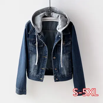 

Large Size 5XL Denim Short Coats 2020 Spring Vintage Denim Top Slim Detachable Hooded Jacket Casual Female Jeans Jacket