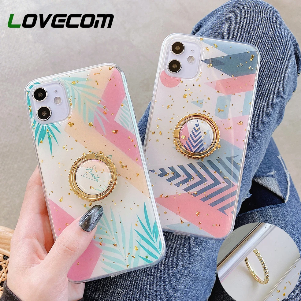 LOVECOM Geometric Splice Leaf Ring Stand Phone Case For iPhone 11 Pro Max XR X XS 7 8 6 Soft Epoxy Sequins Cover | Мобильные