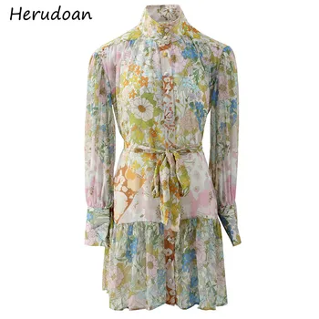 

Herudoan Fashion Runway Summer Shirt Style Dress Women Stand collar Single Breasted Belted Print Loose Ladies Vintage Mini Dress