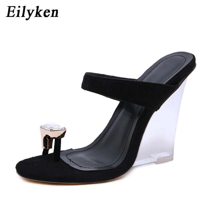 EilyKen, черный, кремовый, женские Вьетнамки с подошвой из цельного дерева; модные стразы с открытым носком, с украшением в виде кристаллов; обувь на танкетке и высоком каблуке; женские сандалии для вечеринок