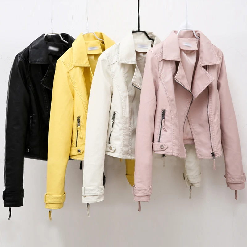 Женская короткая мотоциклетная куртка из искусственной кожи тонкая черная и