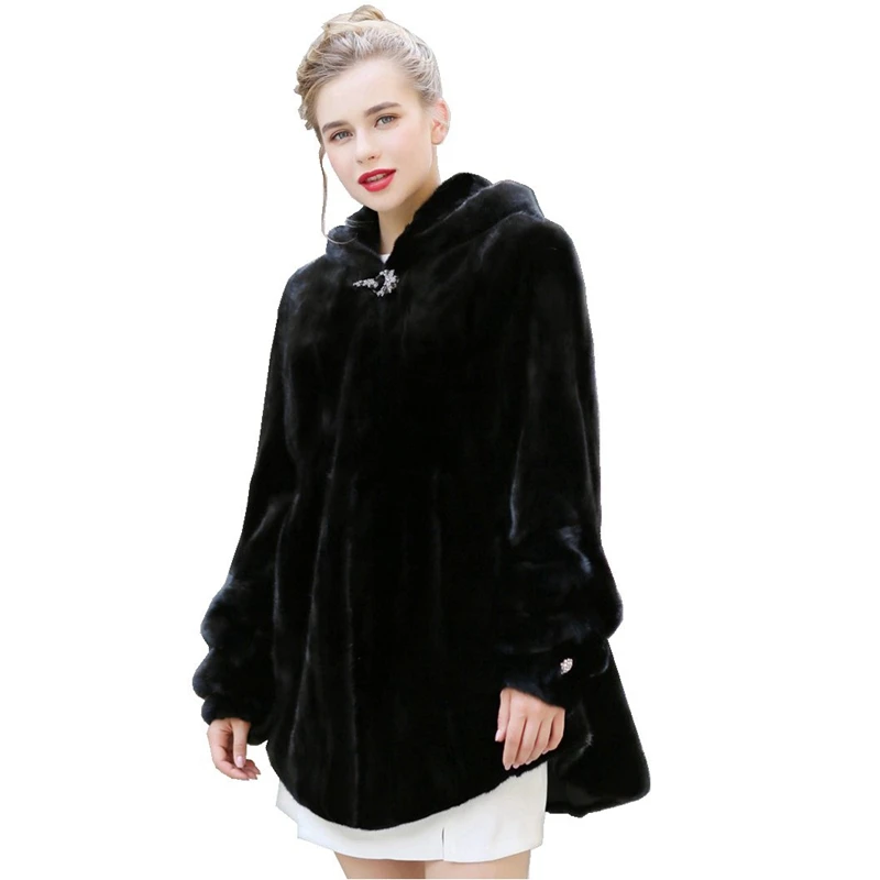 

Шуба из натурального меха норки с капюшоном осень-зима женская верхняя одежда размера плюс 4XL LF9113
