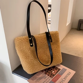 

Lambswool Shoulder Bags for Women 2020 Winter Totes Soft Plush Faux Fur Handbags and Purses Lady Casual High Capacity Hand Bag