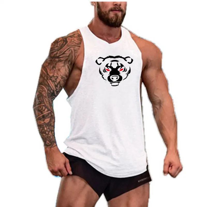 Chaleco de algodón con estampado de oso para hombre, ropa interior de entrenamiento, Fitness, roscado, M-2XL
