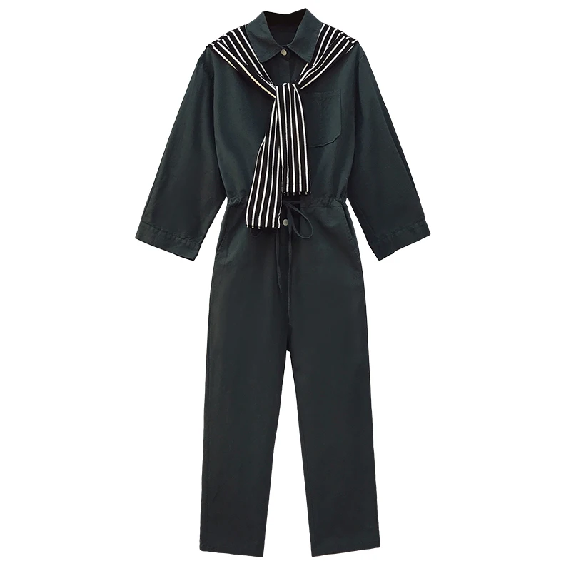 Fall Clothes 2020 Plus Size Jumpersuit Women Long Sleeve One Piece Playsuit Korean Fashion Shawl Stripes Female Black Jump Suits