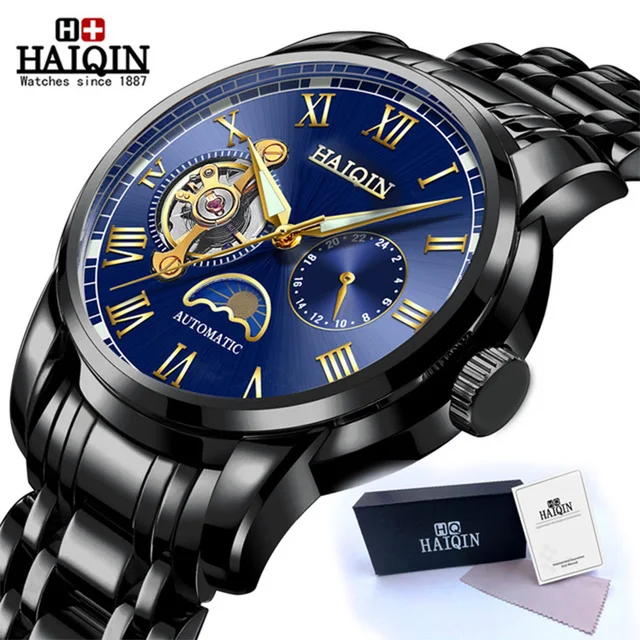 HAIQIN Automatic Mechanical Watch Men Stainless Steel Watches Mens Brand Luxury Business Waterproof Wristwatch relogio masculino Black Blue S