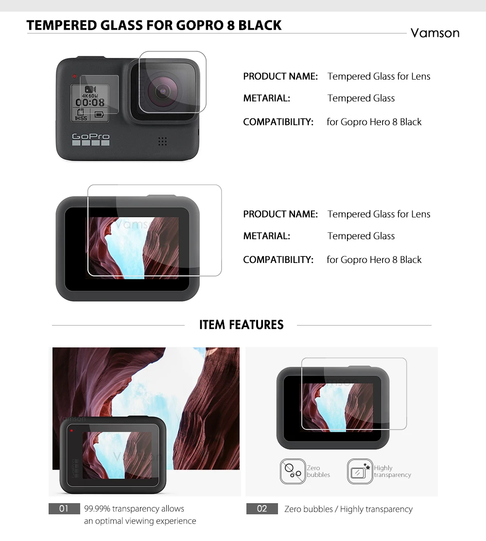 Vamson для Go Pro 8 черный водонепроницаемый корпус Чехол 50 шт. аксессуары комплект рамка закаленное стекло для Gopro Hero 8 Экшн-камера VS12