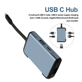 

5 In 1 USB C Hub Compact Computer Peripherals Multiport Adapter Durable Gigabit Ethernet Home Metal Multifunctional For MacBook