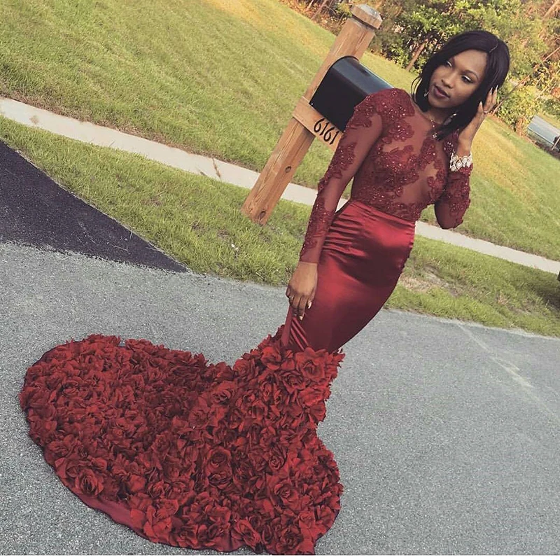 Длинное с силуэтом "Русалка" цвета Бургунди платье для выпускного вечера es африканская темнокожая девушка бисером аппликации прозрачный топ 3D цветы с длинным рукавом платье для выпускного вечера