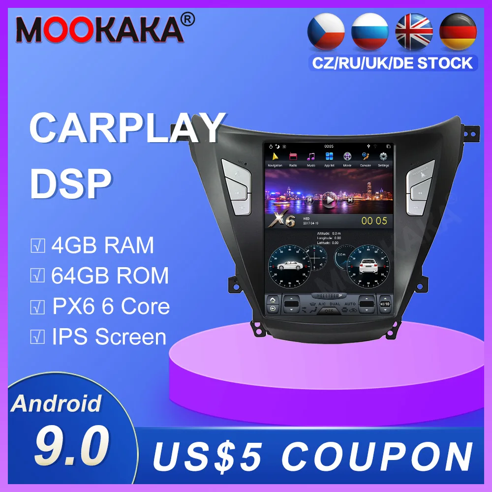 Android 9.0 Px6 Tesla Style Car Gps Navigation For Hyundai Elantra 2014