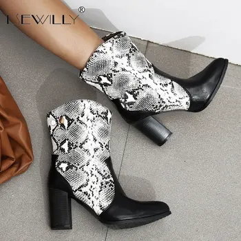

Lsewilly Womens Pointy Toe Snake Pattern Ankle Boots Mixed Colors Block Chunky Heel Shoes Warm Winter 4Colors Plus Size 43