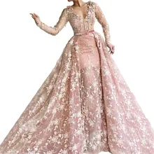 Розовый мусульманские Вечерние платья Русалка с v-образным вырезом Длинные рукава с аппликацией из кружева Дубай Саудовская Арабский длинное вечернее платье