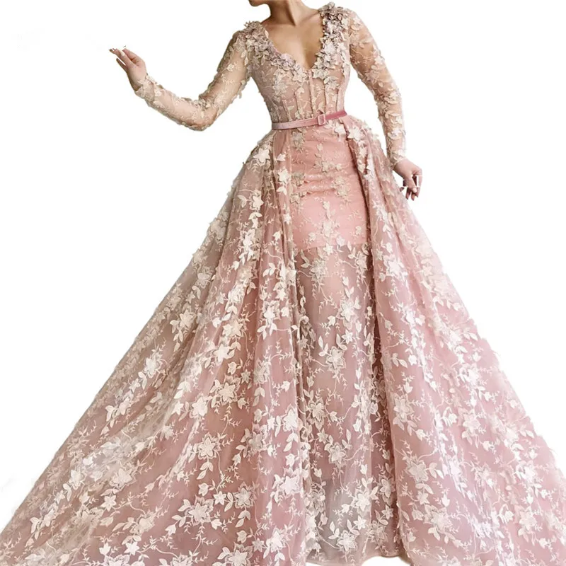 

Pink Muslim Evening Dresses Mermaid V-neck Long Sleeves Appliques Lace Dubai Saudi Arabic Long Evening Gown