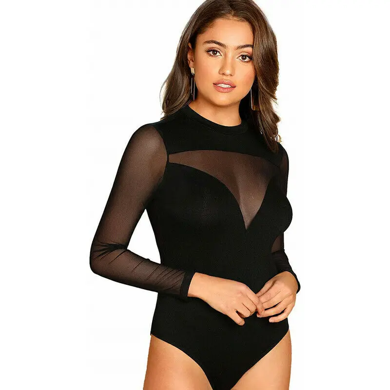Body Sexy de malla transparente para mujer, Body de manga larga, cuello  alto, encaje de retales, Color negro sólido - AliExpress