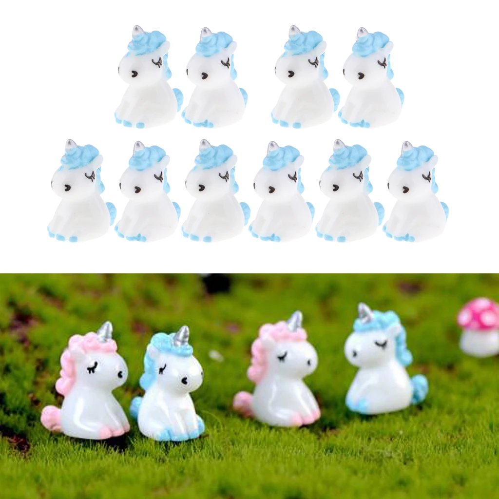 10Pcs Lovely Miniature Mini Unicorn Christmas DIY Resin Fairy Home Garden Craft Bonsai Dollhouse Succulent Ornaments Gifts Blue