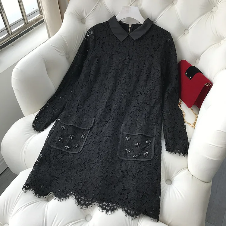 

Export Chun Yuan 19 Autumn And Winter New Products A- line Skirt Slimming Belly Covering Long Sleeve Lace Transparent Pocket Dre