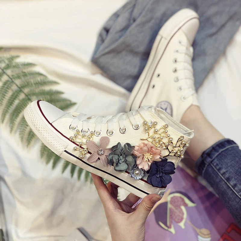 

2020 autumn handmade flowers canvas shoes high-top women's shoes student shoes increased sports casual shoes flat shoes