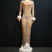 Блестящие стразы перо платье сексуальное для ночного клуба полный камни длинный большой хвост платье танцевальный костюм Выпускной День рождения Празднование платья