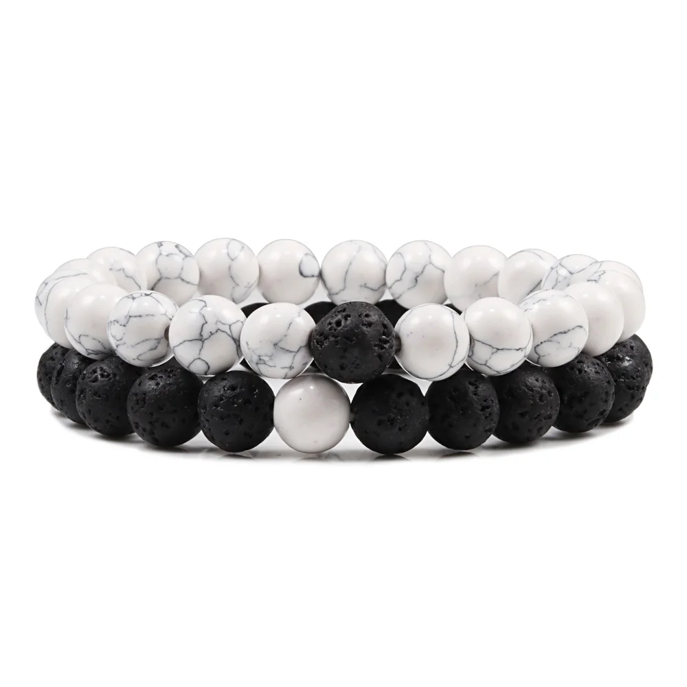 

Distance Couple Bracelet Men Women 8mm Black Lava White Natural Stone Beads Strand Bracelets Bangles Friendship Jewelry Pulseras
