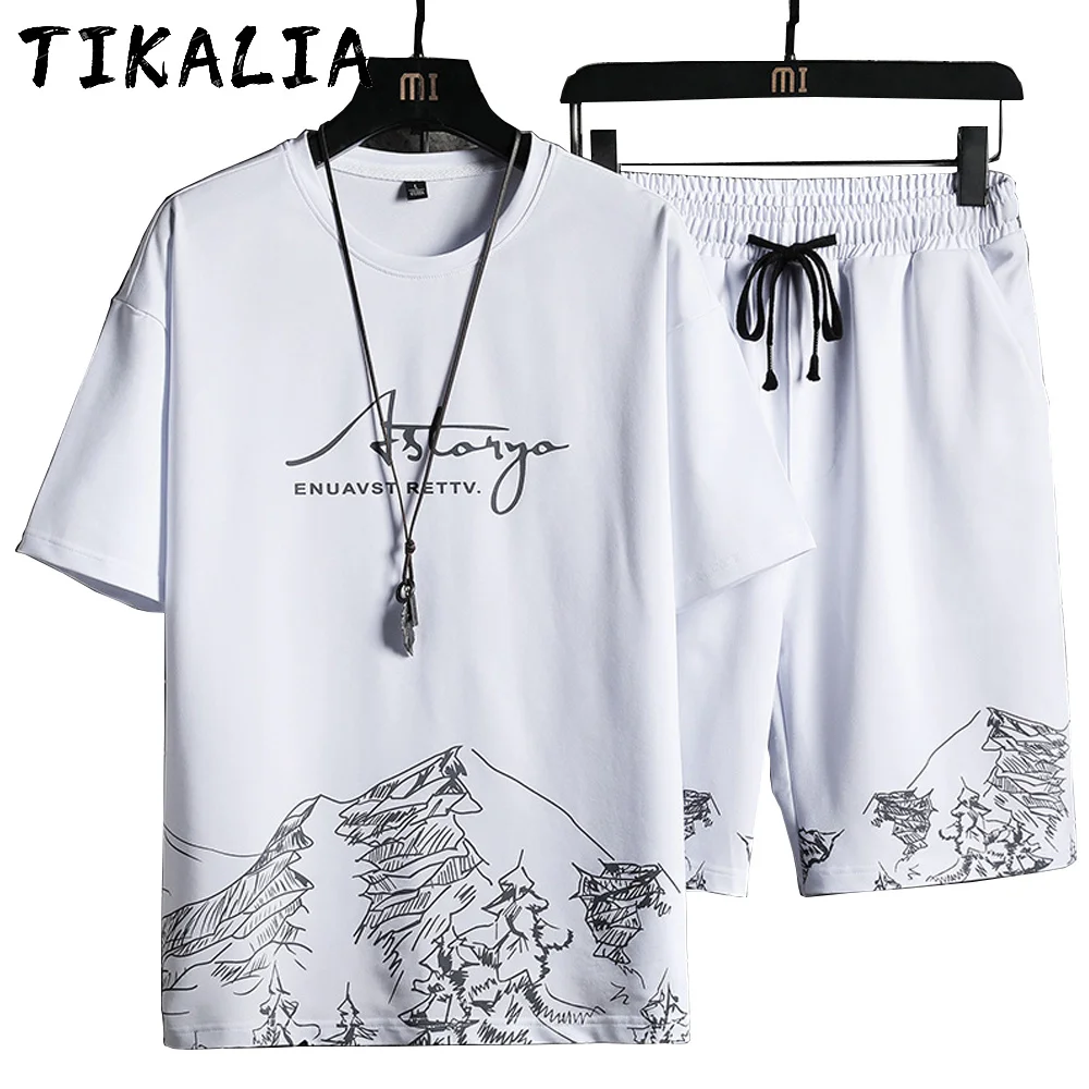Ropa de verano para hombre, trajes de moda, camisa de cuello redondo y pantalones cortos, conjunto de 2 piezas, prendas de vestir informales, ropa blanca con estampado con dibujo conjuntos para hombre