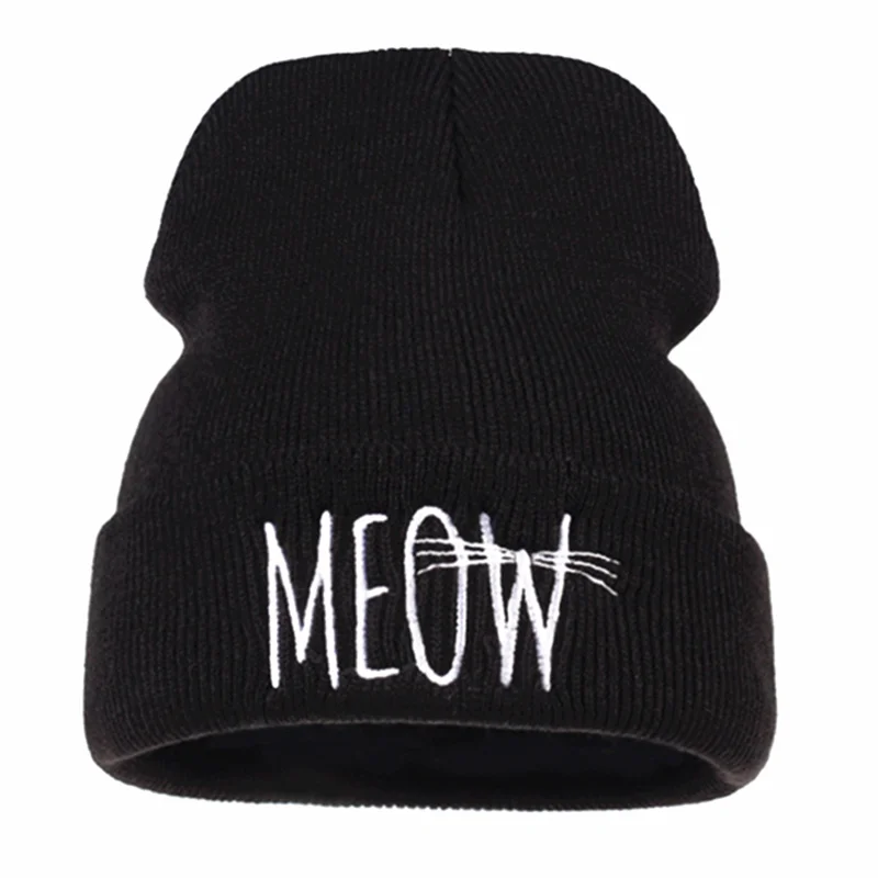 Новая зимняя шапка для женщин и мужчин, модная шапка с надписью MEOW, хлопковая вязаная шапка, шапки в стиле хип-хоп, шапка s