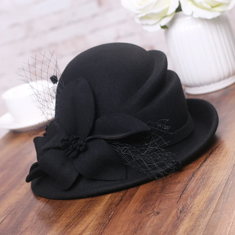 Зимняя женская шапка 1920s в стиле Гэтсби, теплая шерстяная шапка с цветами, зимняя шапка, женские вечерние шапки, Женская Асимметричная шляпа - Цвет: black