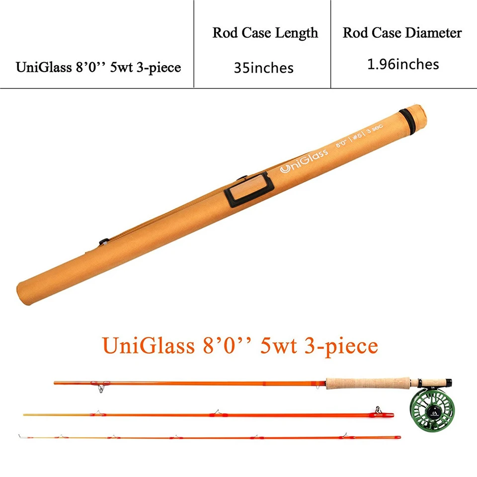 Maximumcatch Uniglass 8FT 5wt 3pc Transparent Fiberglass Fly Fishing Rod  with Cordura Tube in Orange Color