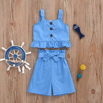 

infant baby girls off shoulder tops ruched buttons vest solid belt shorts outfits toddler kids baby girl clothes sets 2pcs 0-24M
