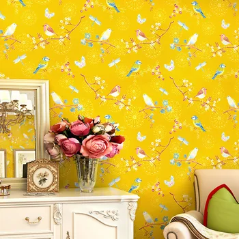 

Chinese Yellow Blue Flowers Birds Environmentally Non-Woven Wallpaper Living Room Bedroom Tv Background Wall Stickers