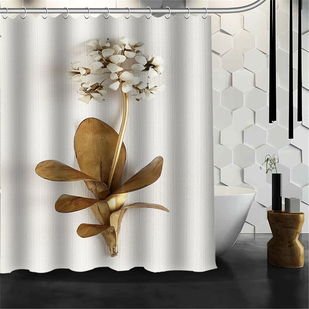 Custom Golden Flower Shower Curtains Hooks Bathroom Waterproof Bath Room Home Decor Decoration 3D Print 211201-1 | Дом и сад