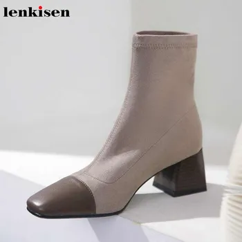 

Lenkisen mixed colors sheep leather flock stretch boots square toe high heels winter keep warm women fashion ankle boots L10